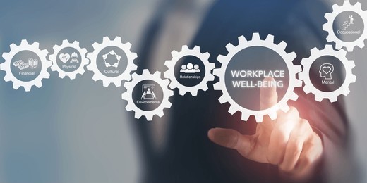 Workplace well-being concept showing financial, physical, cultural, environmental, relationship, occupational, and mental wellness pillars